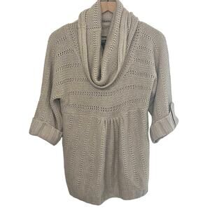 FYLO Knit Cowl Neck Sweater Medium Tan Ivory Cottagecore Minimalist Roll Tab Slv